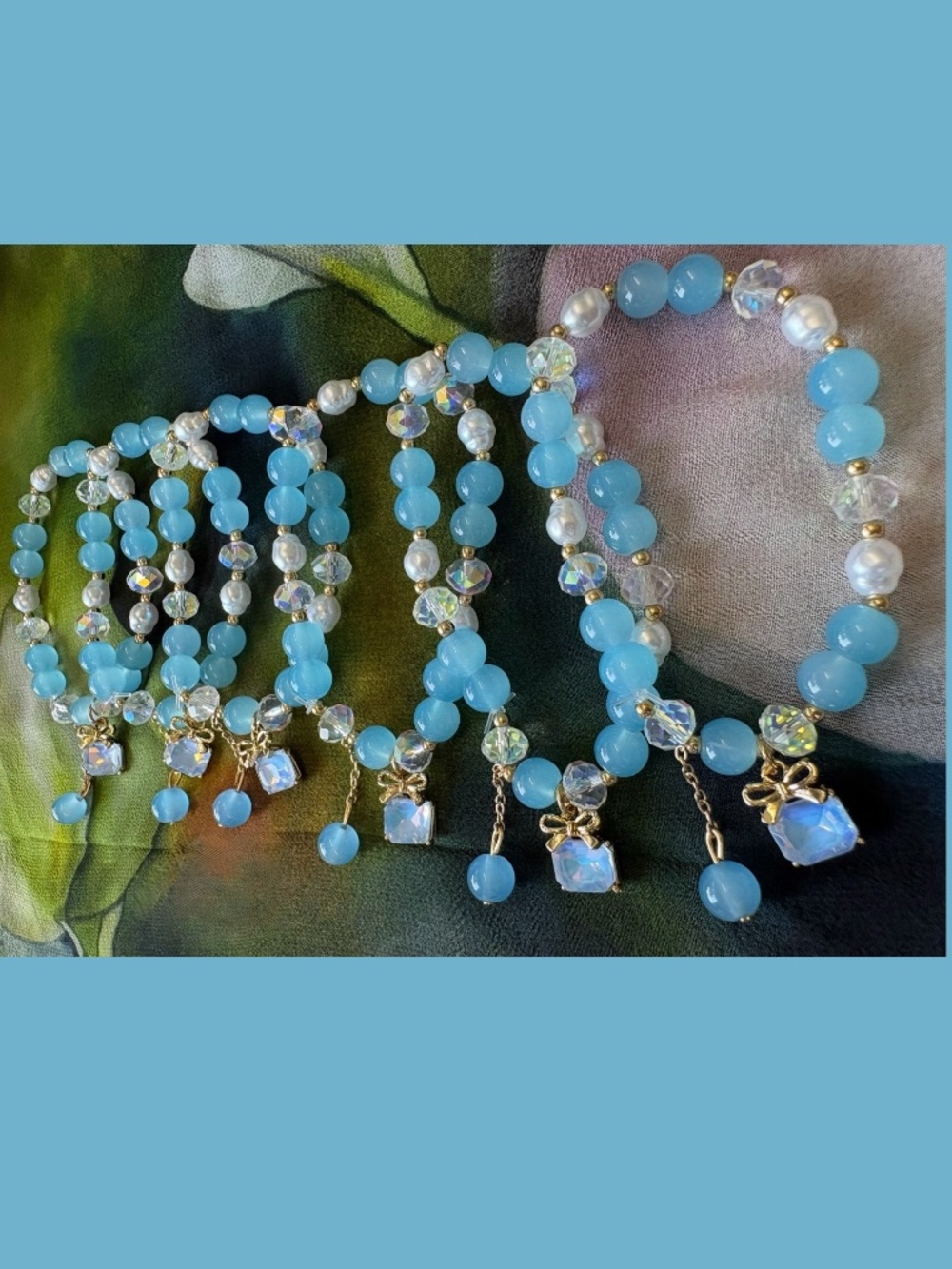 Sky Blue Glass Beaded and Faux Pearl Bracelet in Goldtone Set of Three